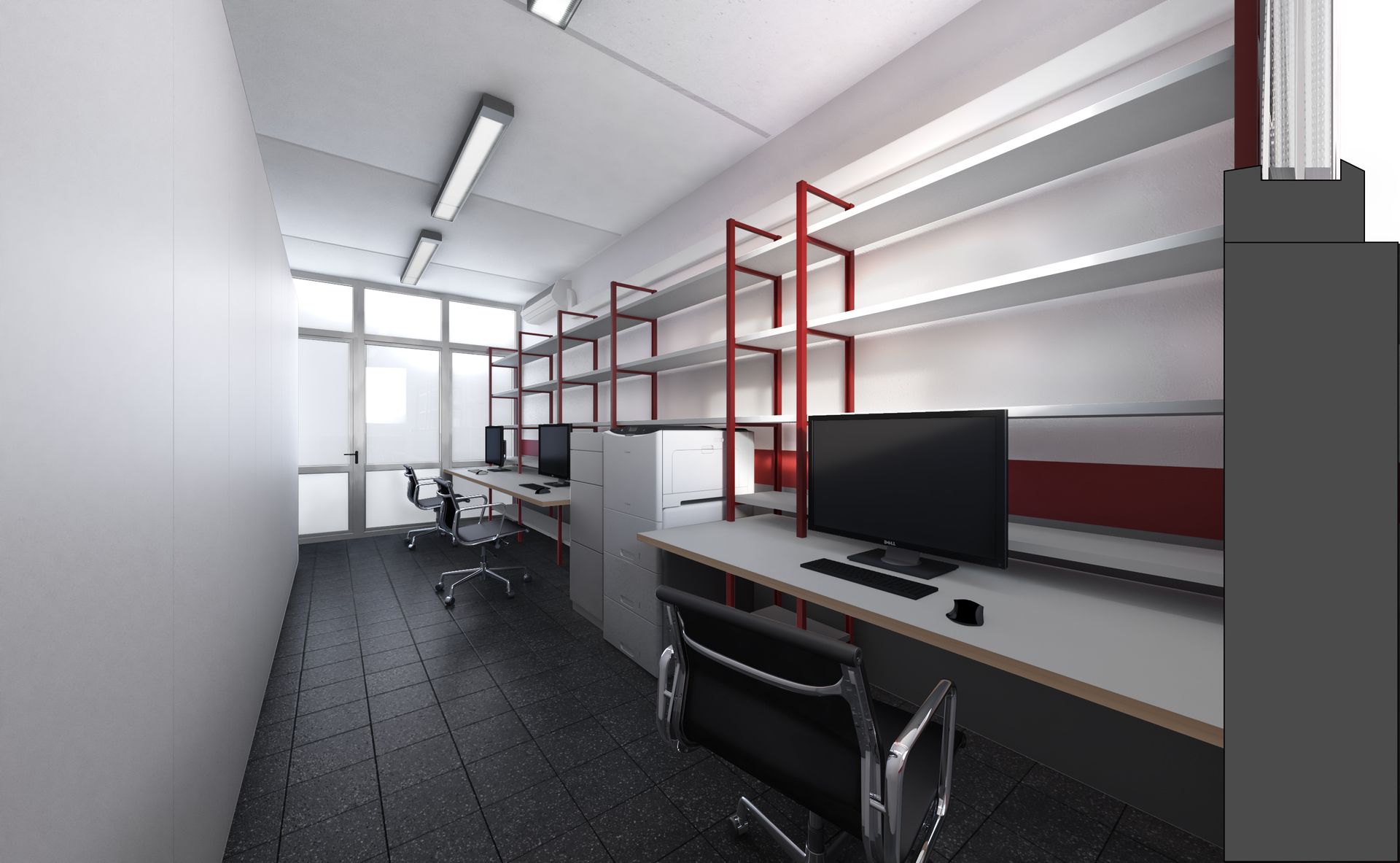 New offices project, choice of materials, finishings and colors matching the brand identity of the company ELMAS. Officina Magisafi architecture design - offices rendering 1