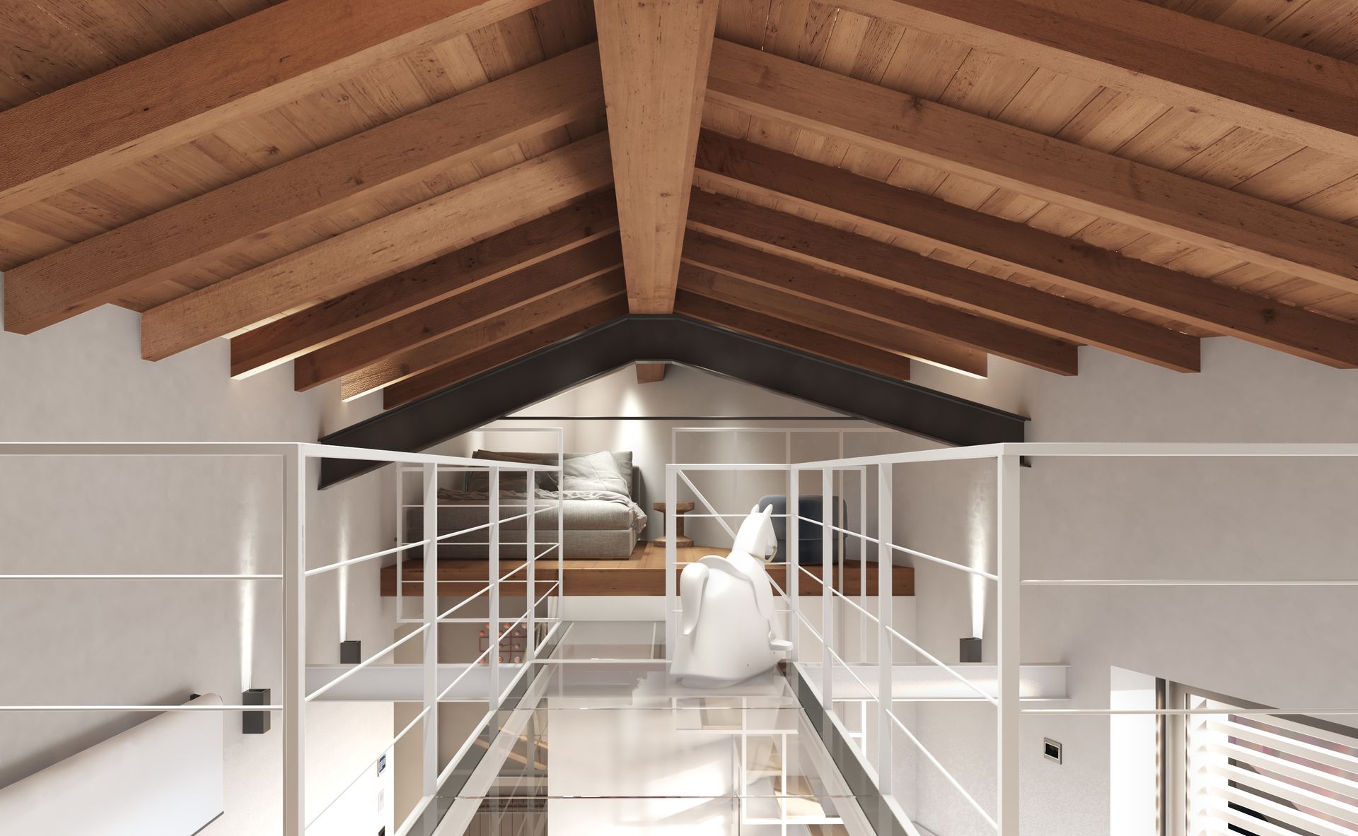 Interior design project, attic studio renovation, exposed beams, Bergamo, Brescia, Milan, London, Paris, New York. Officina Magisafi architecture design - loft rendering