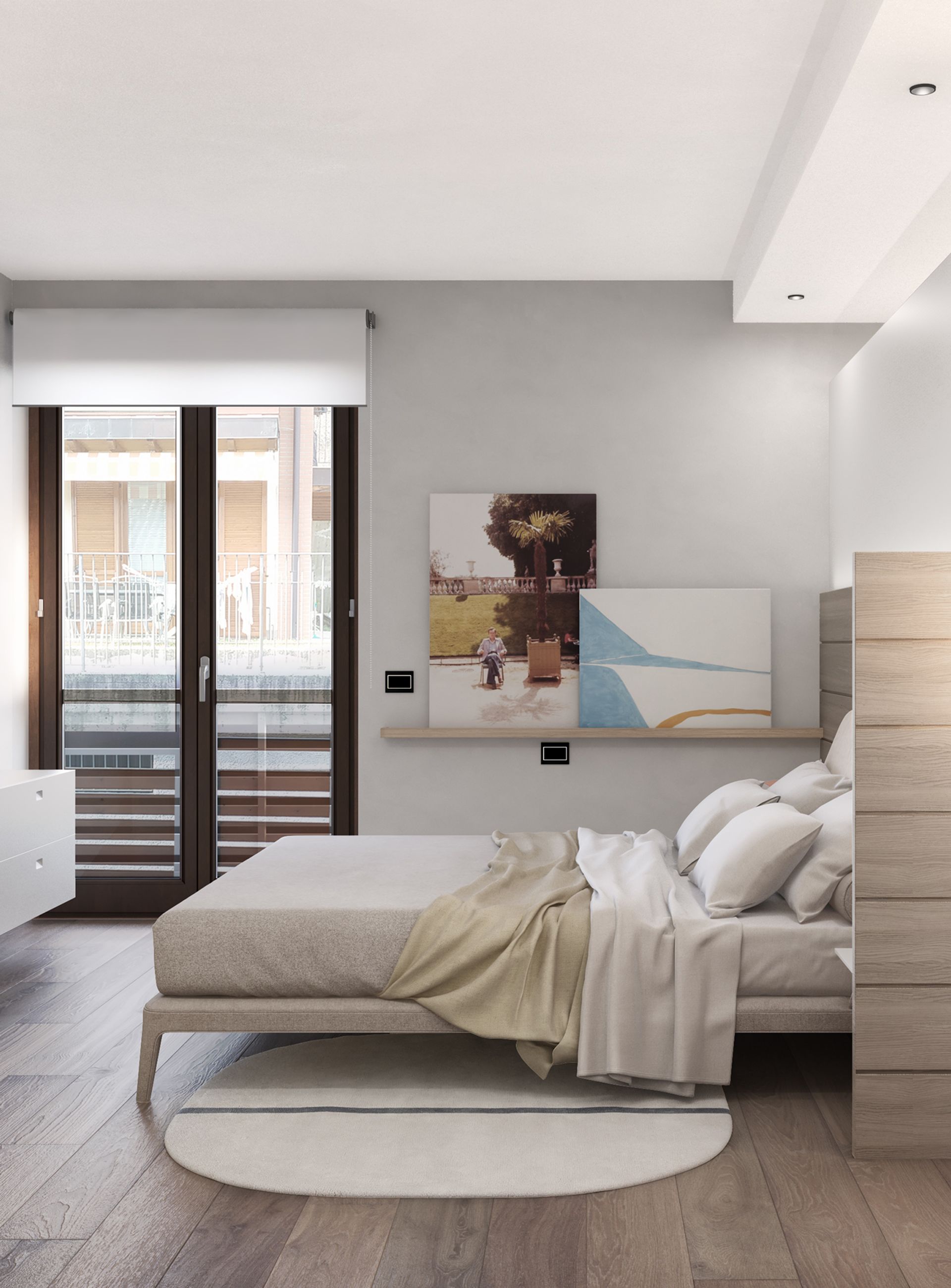 Interior design project, apartment with a view renovation Seriana Valley, Bergamo, Milan, Lake Como, London, New York, Paris. Officina Magisafi architecture design - bedroom view rendering