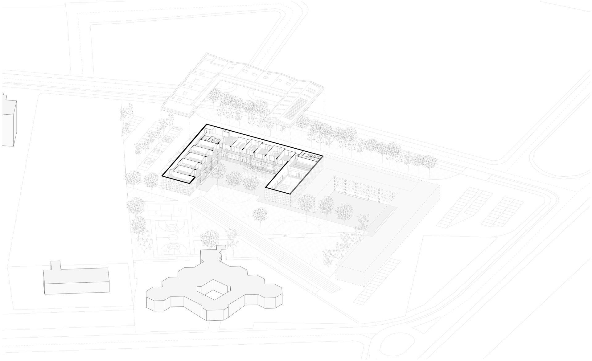 Progetto concorso scuola primaria Avezzano, riuso materiali locali. Officina Magisafi architettura design - assonometria