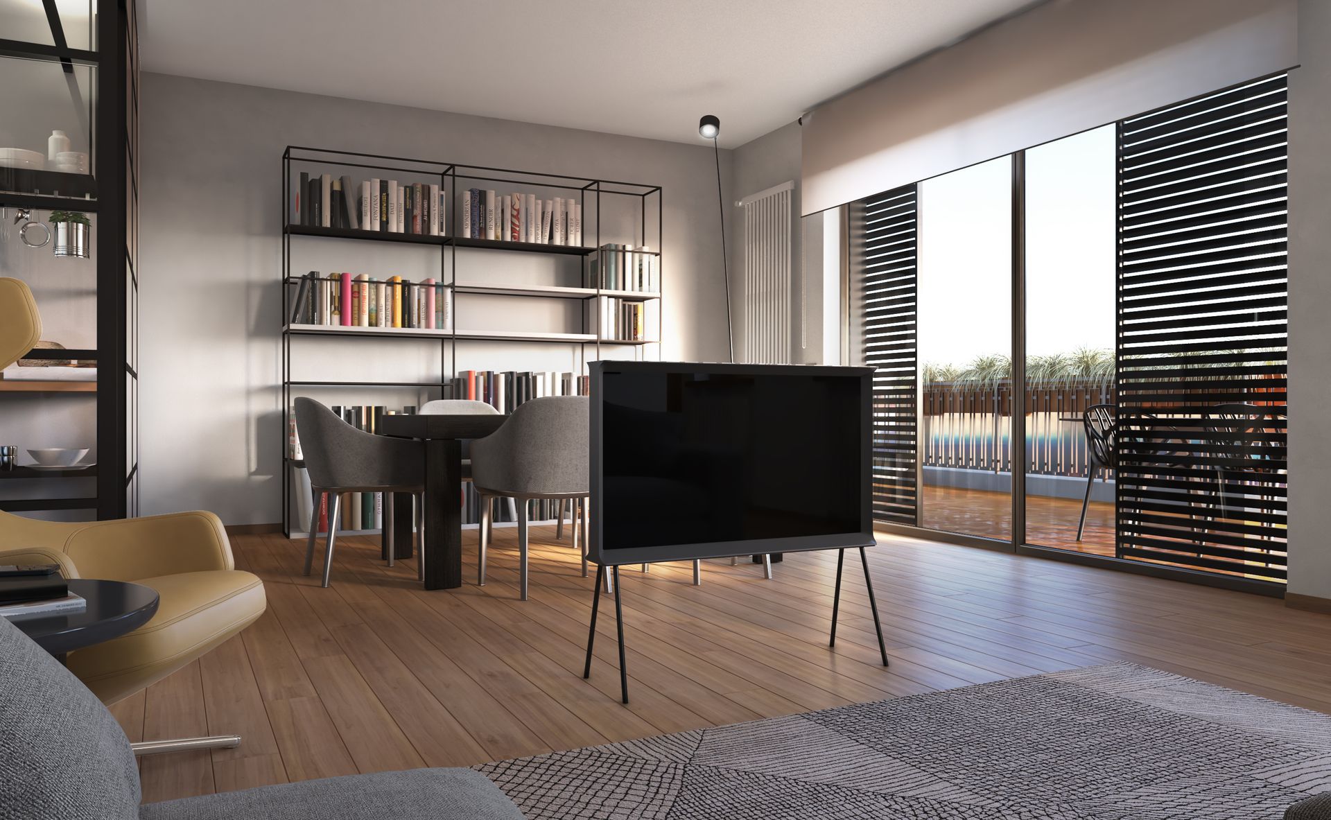 Progetto interior design, ristrutturazione appartamento, ottimizzazione spazio cucina, schermature solari. Officina Magisafi architettura design - render living room
