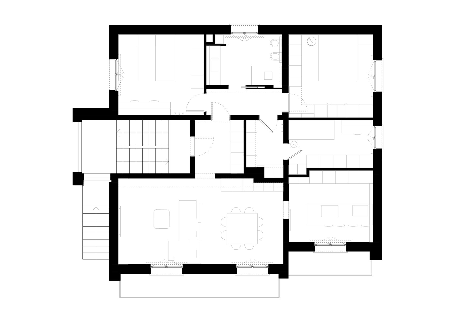 Interior design project, apartment renovation, study of spaces and surfaces, island kitchen with wood paneling. Officina Magisafi architecture design - floor plan