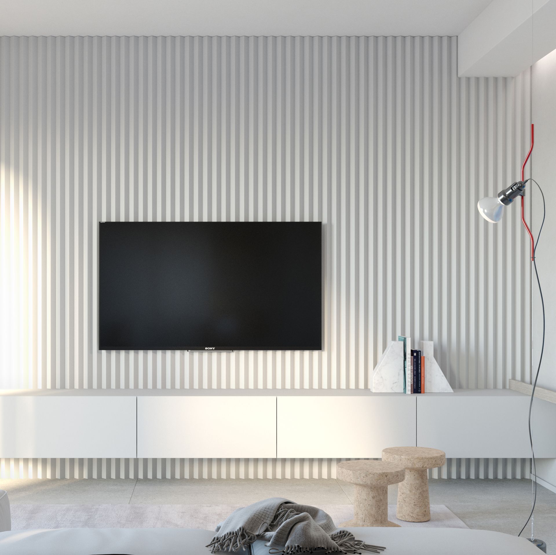 Interior design project, apartment renovation, study of spaces and surfaces, island kitchen with wood paneling. Officina Magisafi architecture design - tv wall rendering