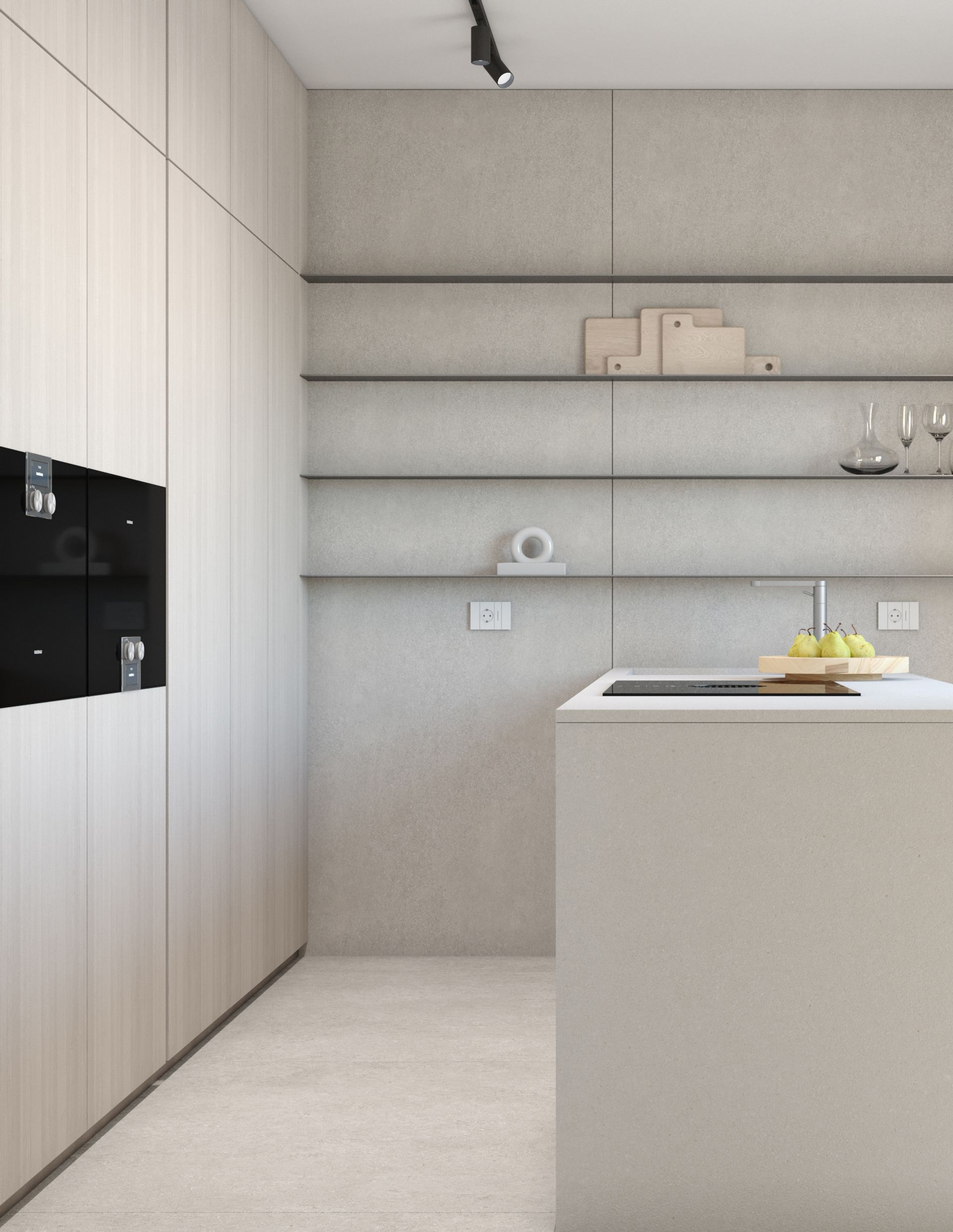 Interior design project, apartment renovation, study of spaces and surfaces, island kitchen with wood paneling. Officina Magisafi architecture design -  kitchen shelves rendering