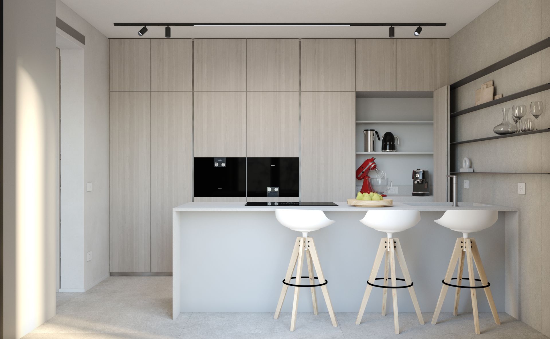 Interior design project, apartment renovation, study of spaces and surfaces, island kitchen with wood paneling. Officina Magisafi architecture design - kitchen rendering