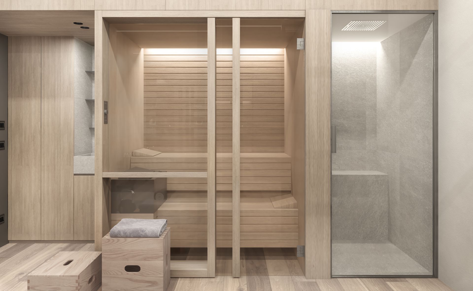 Interior design project, fitness area, integrated sauna, equipment room, wellness area Bergamo, Brescia, Milan, Como, London, Paris, New York. Officina Magisafi architecture design - sauna rendering