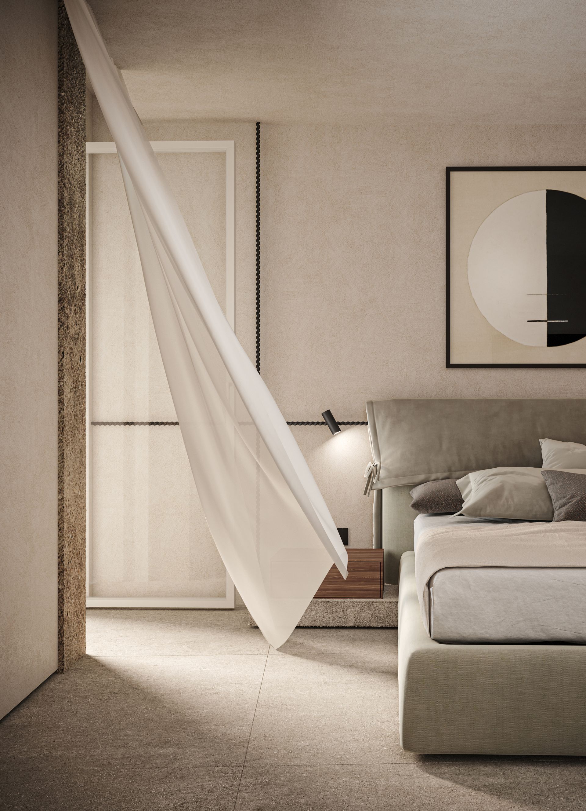Beach house project, holiday home, tailor made furniture, cedar wood boiserie, Forte dei Marmi, Miami, French Riviera, Cinque Terre, Adriatic. Officina Magisafi architecture design - bedroom detail rendering