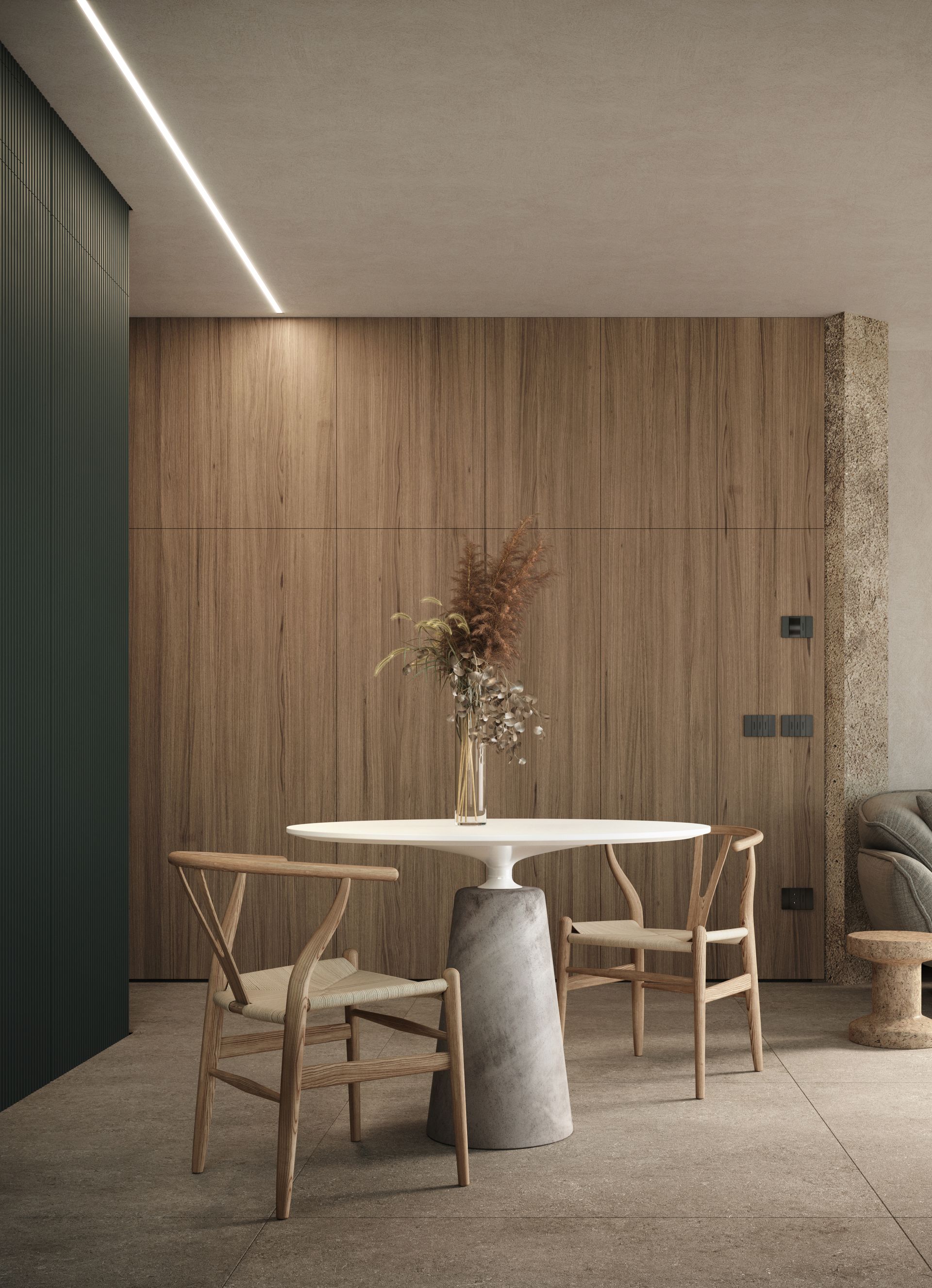 Beach house project, holiday home, tailor made furniture, cedar wood boiserie, Forte dei Marmi, Miami, French Riviera, Cinque Terre, Adriatic. Officina Magisafi architecture design - table detail rendering