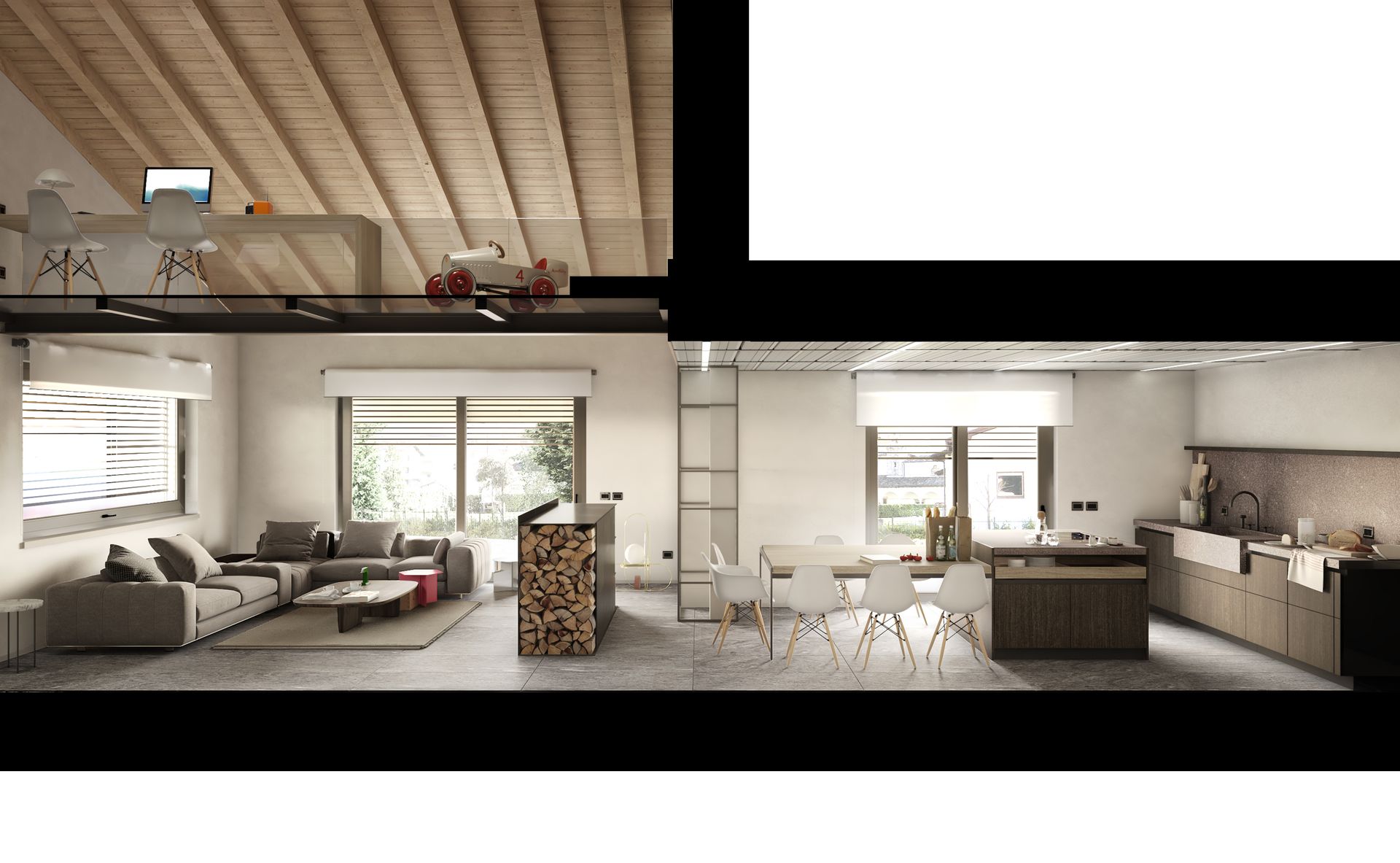 Interior design project, new modern loft Bergamo, Brescia, Milan, Lake Como, London, New York, Paris. Officina Magisafi architecture design - section rendering
