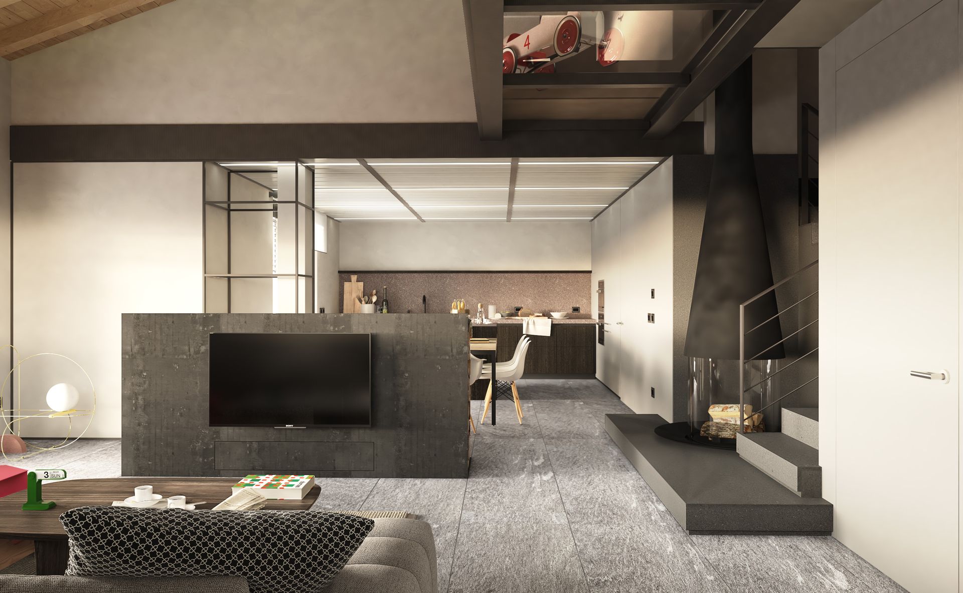 Interior design project, new modern loft Bergamo, Brescia, Milan, Lake Como, London, New York, Paris. Officina Magisafi architecture design - living area rendering