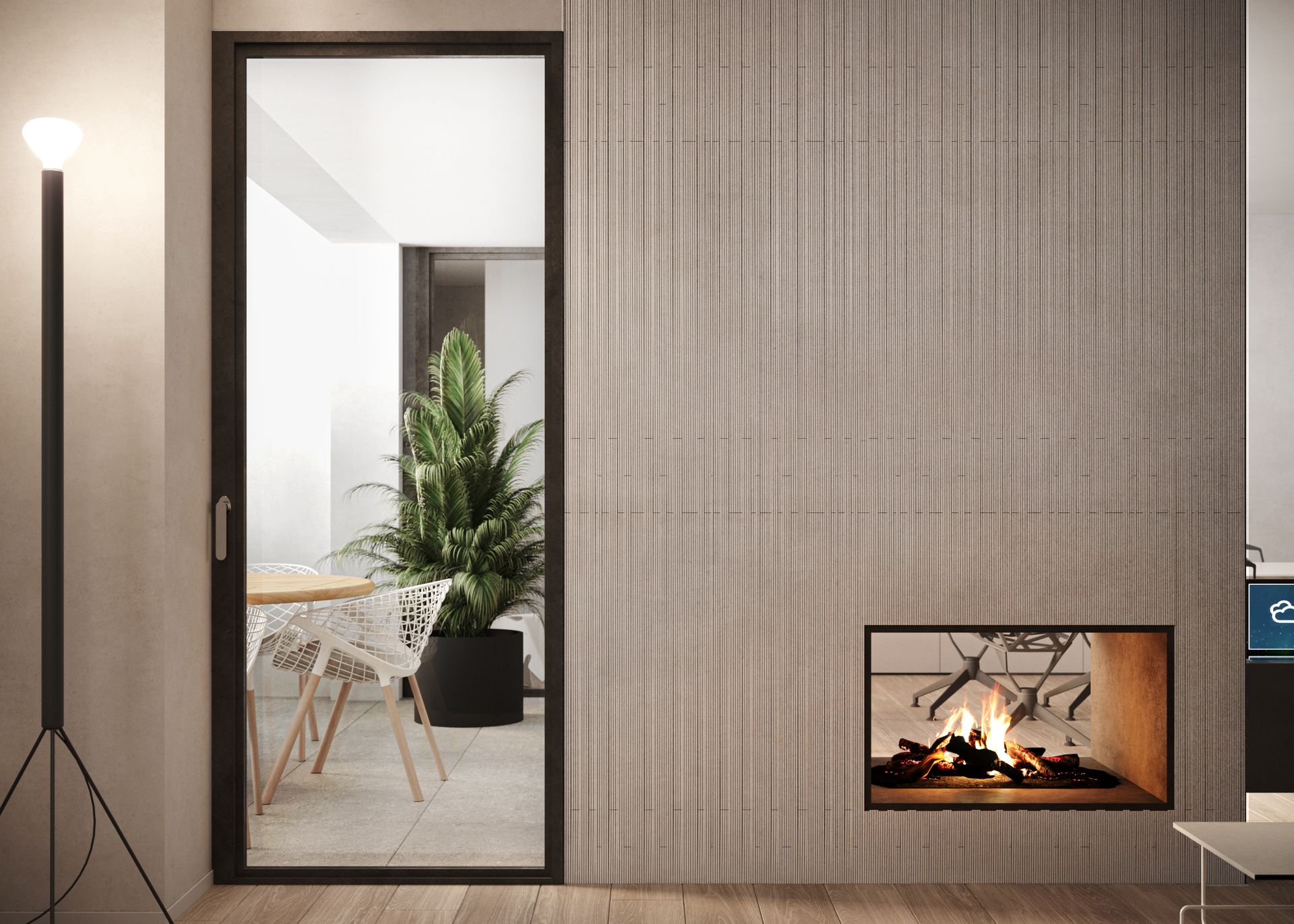 Interior design project, apartment renovation, tailor made kitchen, double-sided fireplace, Bergamo, Milan, Brescia, Como, London, New York, Paris, Gstaad. Officina Magisafi architecture design - double-sided fireplace rendering