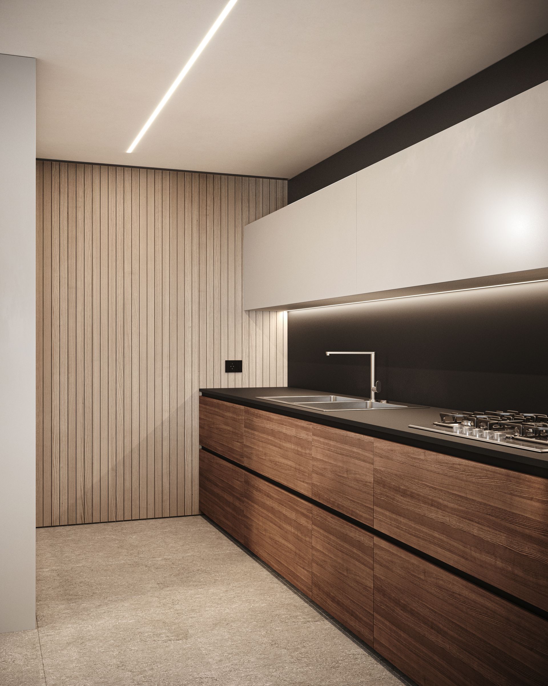 Interior design project, apartment renovation, tailor made kitchen, double-sided fireplace, Bergamo, Milan, Brescia, Como, London, New York, Paris, Gstaad. Officina Magisafi architecture design - cooking area rendering