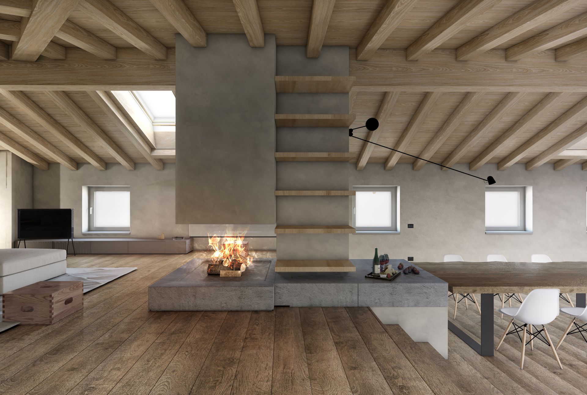 Interior design project, luxury attic chalet Courmayeur, Cortina d’Ampezzo, Val Gardena, St. Moritz, Trentino, Gstaad. Officina Magisafi - fireplace