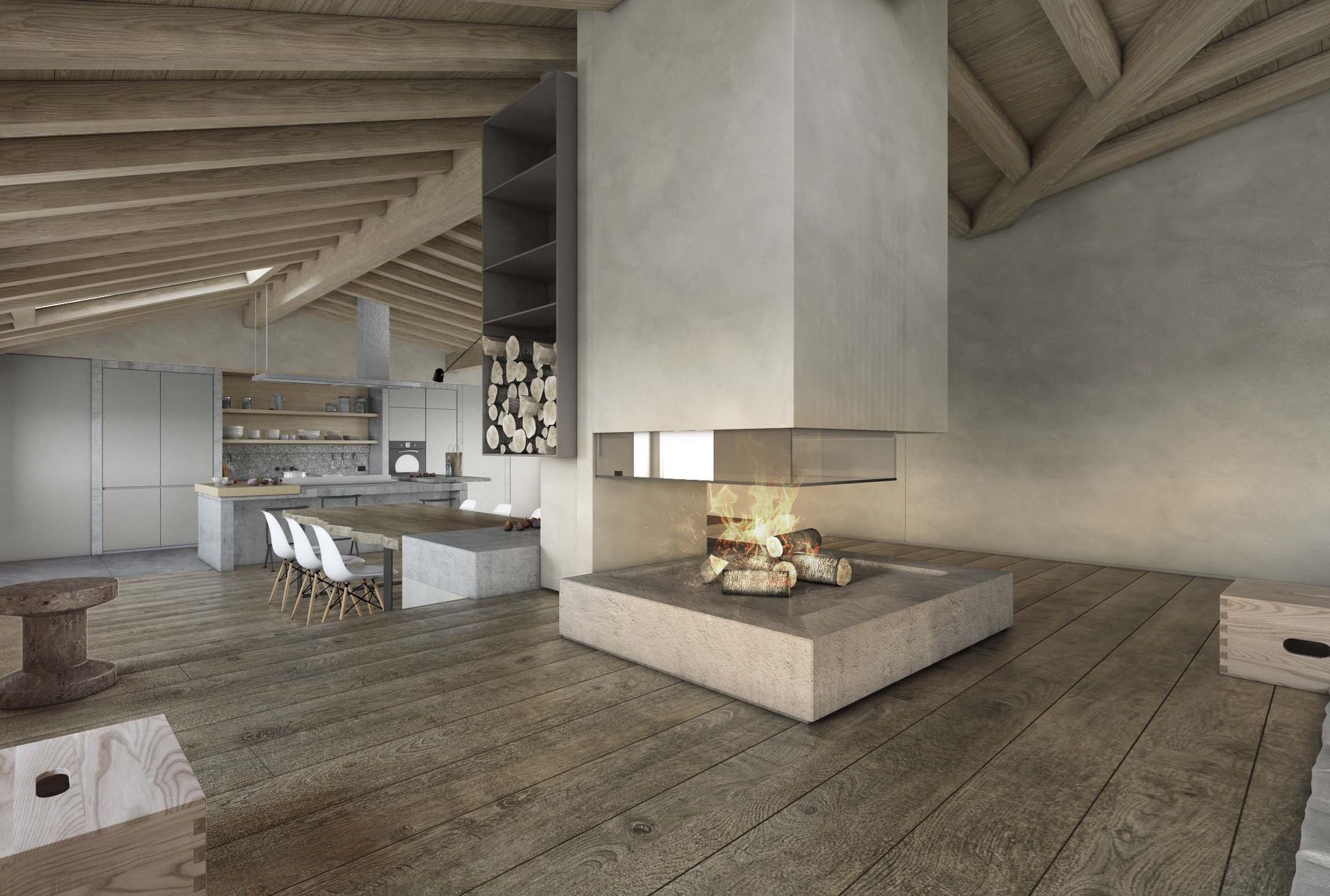 Interior design project, luxury attic chalet Courmayeur, Cortina d’Ampezzo, Val Gardena, St. Moritz, Trentino, Gstaad. Officina Magisafi - kitchen view
