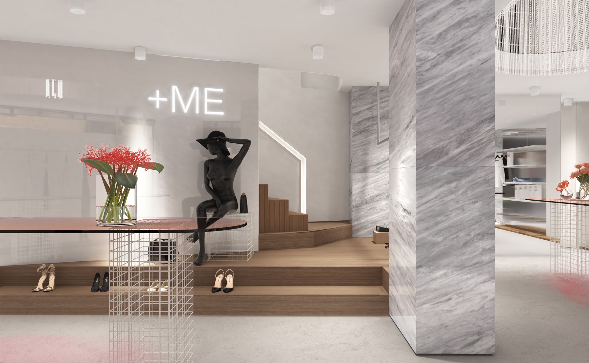 Interior design project, boutique remodeling and rebranding luxury fashion clothing Bergamo, Milan, Lake Como, London, New York, Paris. Officina Magisafi architecture design - wooden staircase rendering Interior design project, boutique remodeling and rebranding luxury fashion clothing Bergamo, Milan, Lake Como, London, New York, Paris. Officina Magisafi architecture design - wooden staircase rendering