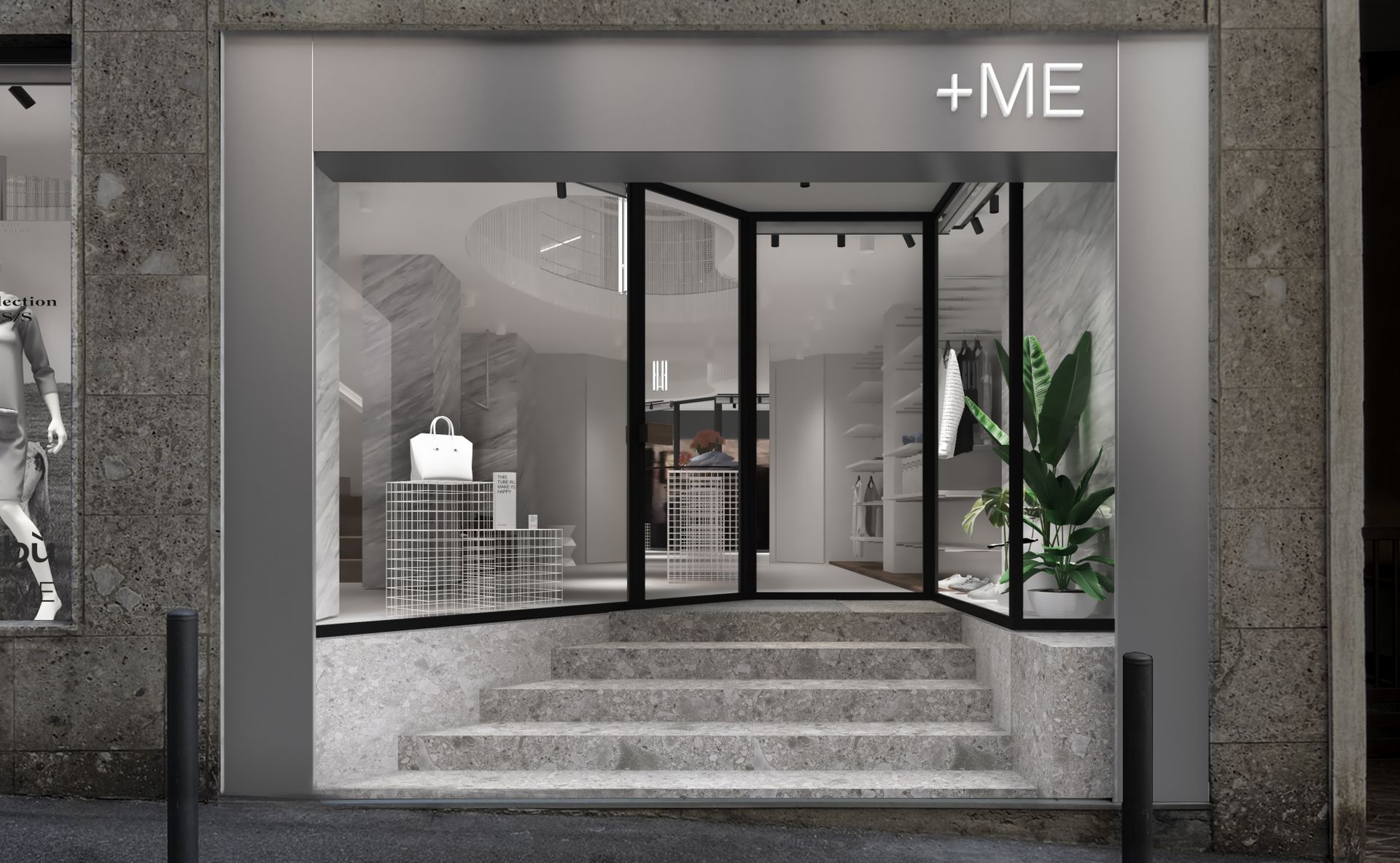Interior design project, boutique remodeling and rebranding luxury fashion clothing Bergamo, Milan, Lake Como, London, New York, Paris. Officina Magisafi architecture design -  entrance rendering