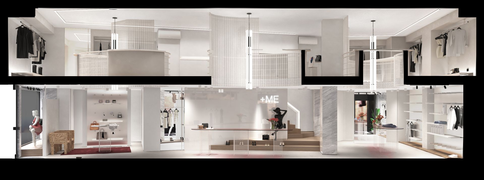 Interior design project, boutique remodeling and rebranding luxury fashion clothing Bergamo, Milan, Lake Como, London, New York, Paris. Officina Magisafi architecture design - section render