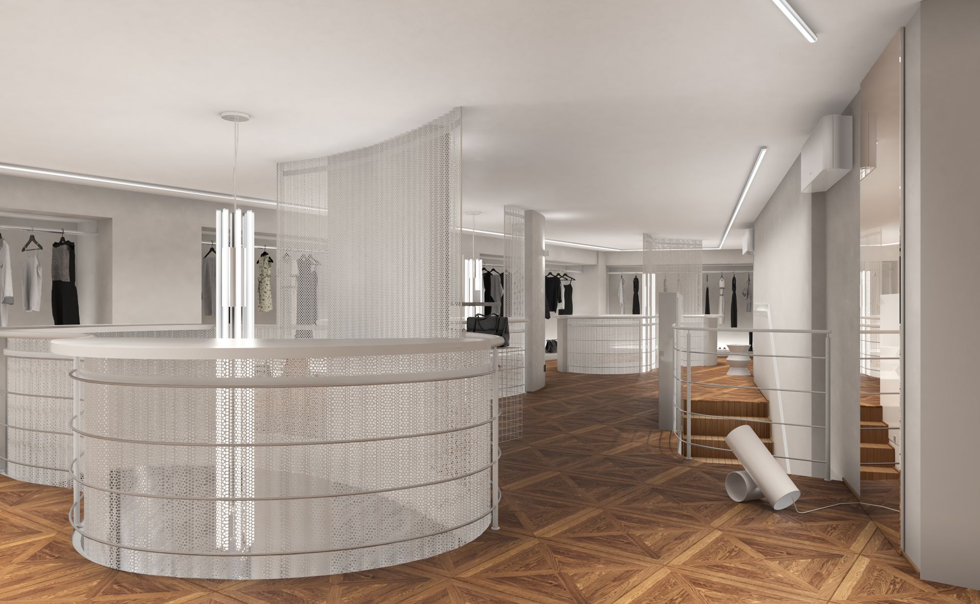 Interior design project, boutique remodeling and rebranding luxury fashion clothing Bergamo, Milan, Lake Como, London, New York, Paris. Officina Magisafi architecture design - first floor rendering