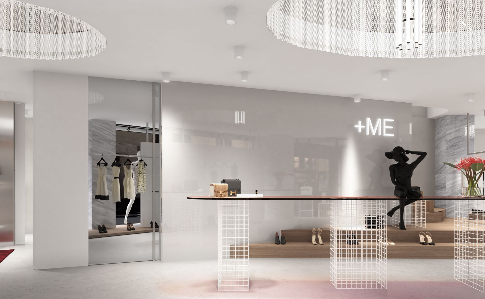Interior design project, boutique remodeling and rebranding luxury fashion clothing Bergamo, Milan, Lake Como, London, New York, Paris. Officina Magisafi architecture design - ground floor rendering