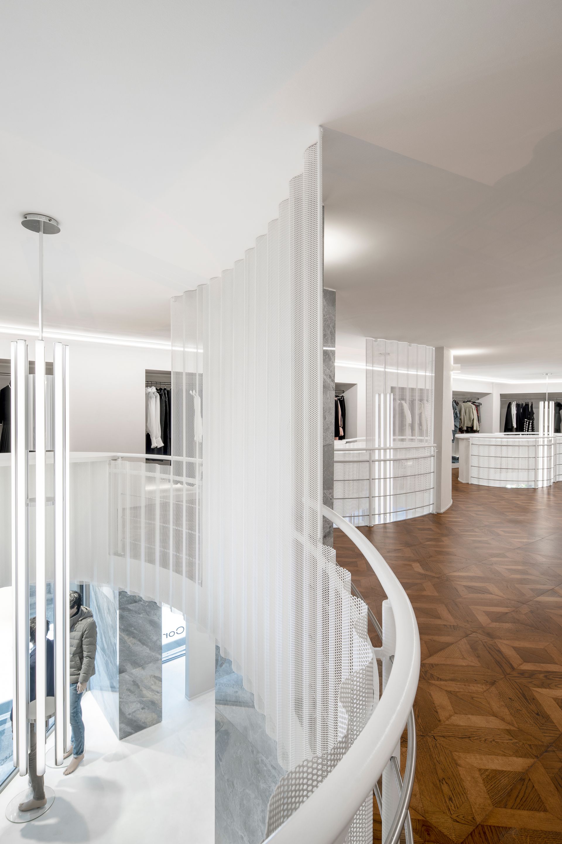 Interior design project, boutique remodeling and rebranding luxury fashion clothing Bergamo, Milan, Lake Como, London, New York, Paris. Officina Magisafi architecture design -  first floor view