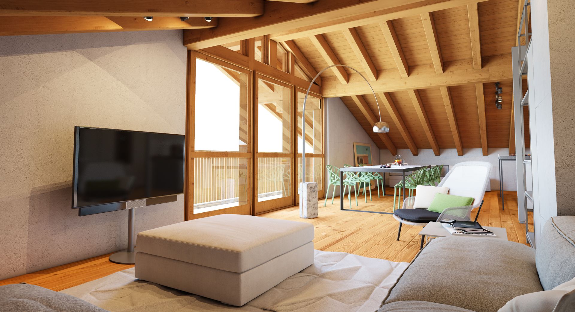 Interior design project, luxury attic chalet renovation Courmayeur, Cortina d’Ampezzo, Val Gardena, St. Moritz, Trentino, Gstaad. Officina Magisafi - living