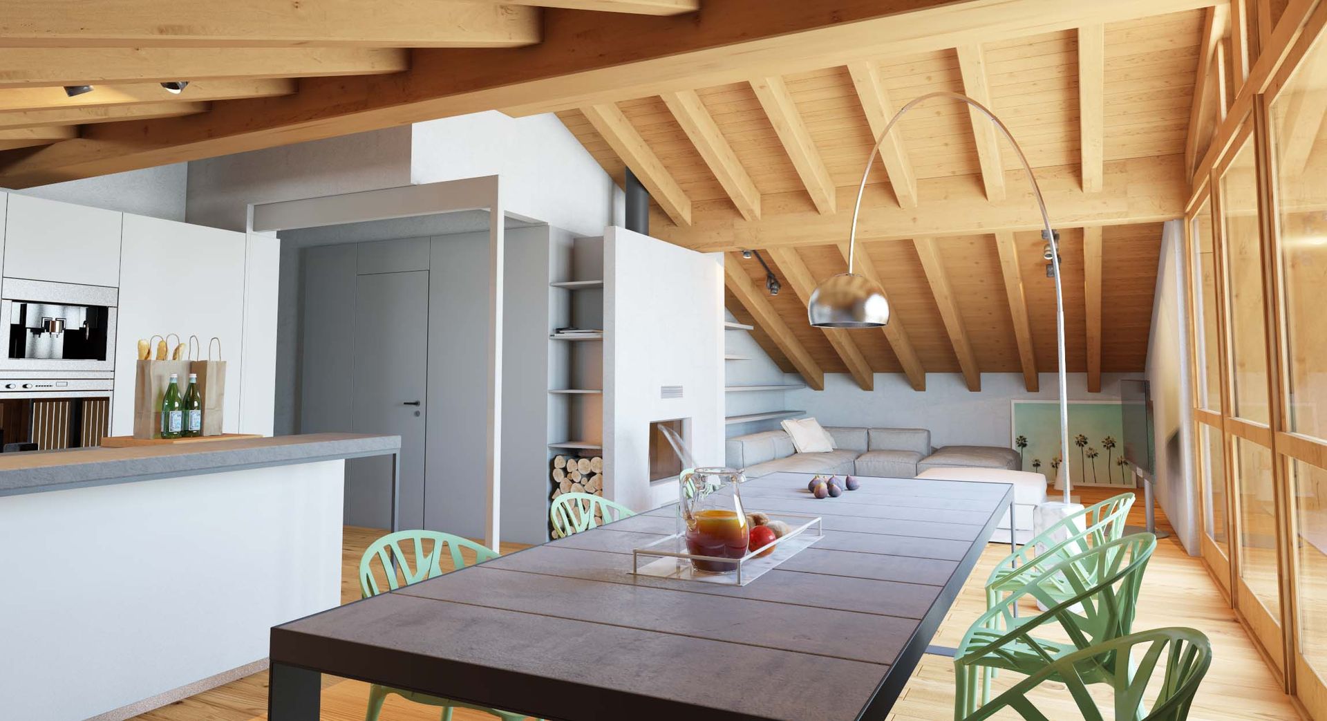 Interior design project, luxury attic chalet renovation Courmayeur, Cortina d’Ampezzo, Val Gardena, St. Moritz, Trentino, Gstaad. Officina Magisafi - living view