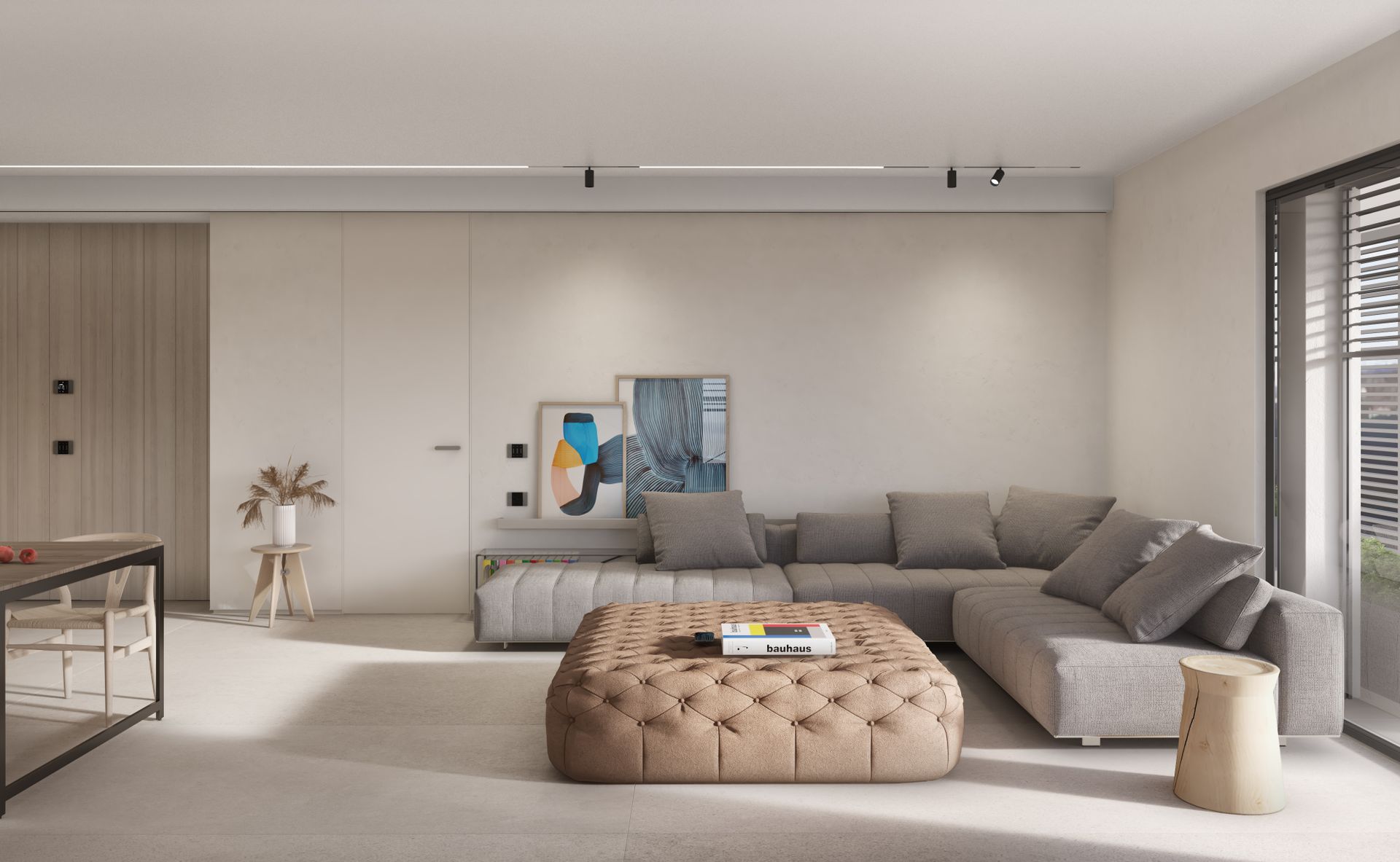 New apartment project, single-family house, convivium kitchen block, Ceppo di Grè. Officina Magisafi architecture design - living room rendering