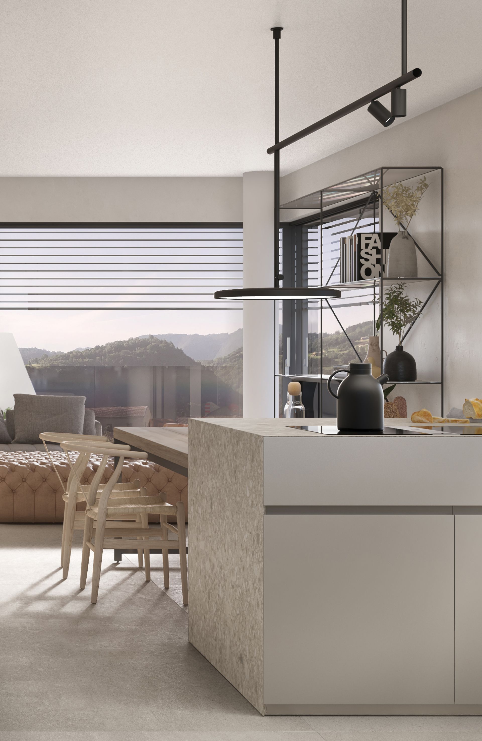 New apartment project, single-family house, convivium kitchen block, Ceppo di Grè. Officina Magisafi architecture design - kitchen detail rendering