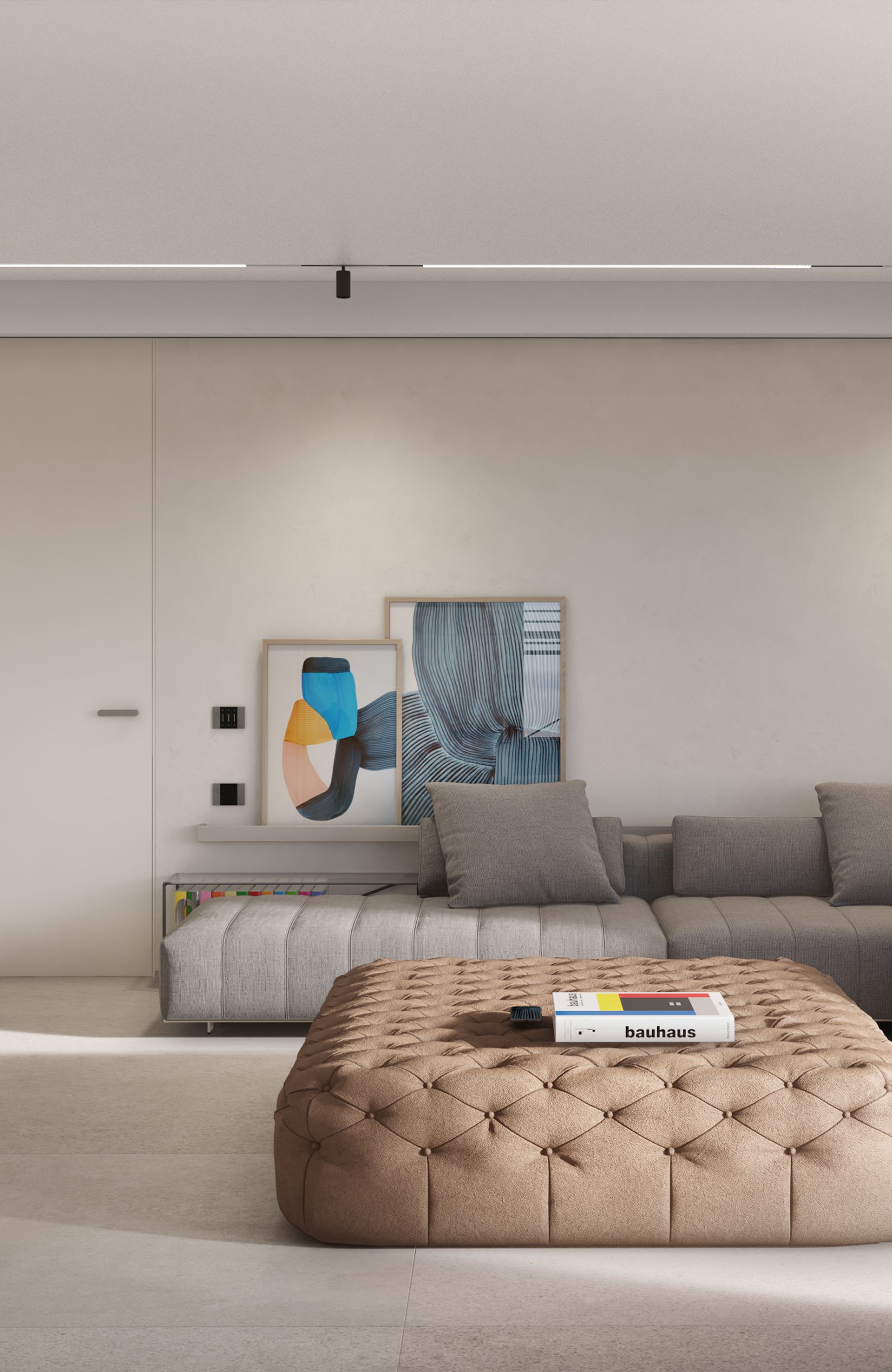 New apartment project, single-family house, convivium kitchen block, Ceppo di Grè. Officina Magisafi architecture design - living room rendering