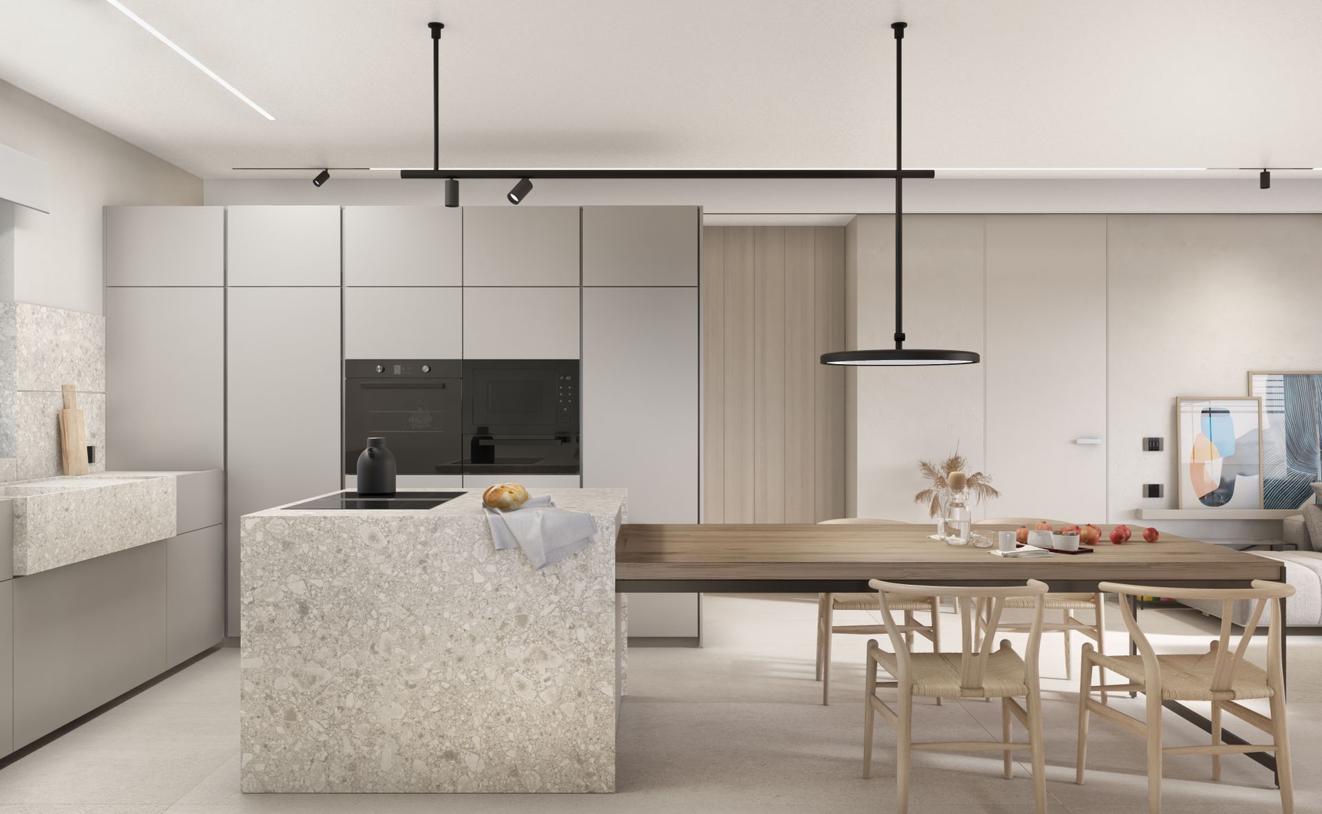 New apartment project, single-family house, convivium kitchen block, Ceppo di Grè. Officina Magisafi architecture design - convivium kitchen rendering