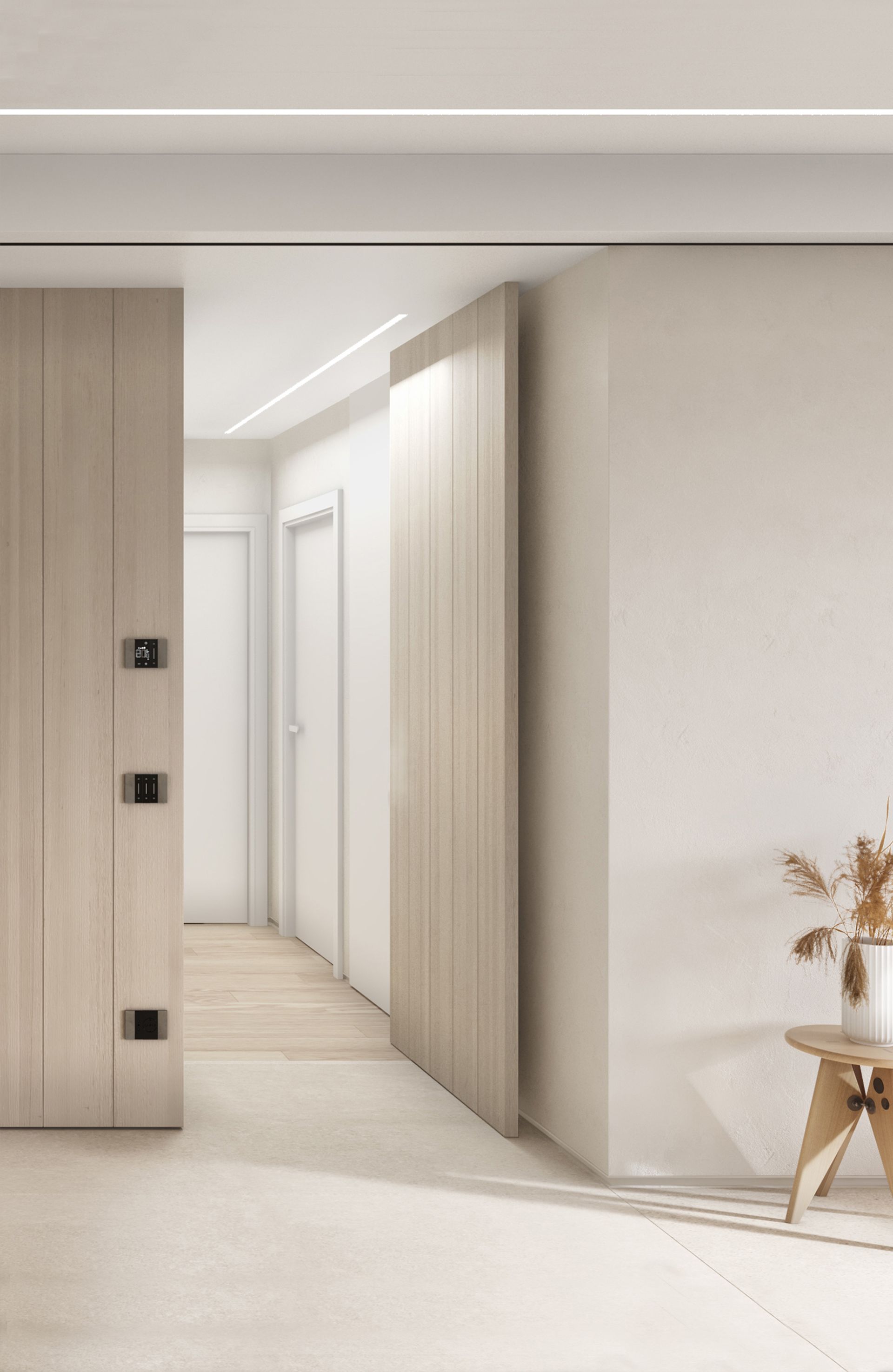 Progetto nuova realizzazione appartamento, abitazione unifamiliare, blocco cucina convivium, ceppo di Grè. Officina Magisafi architettura design - render porta aperta