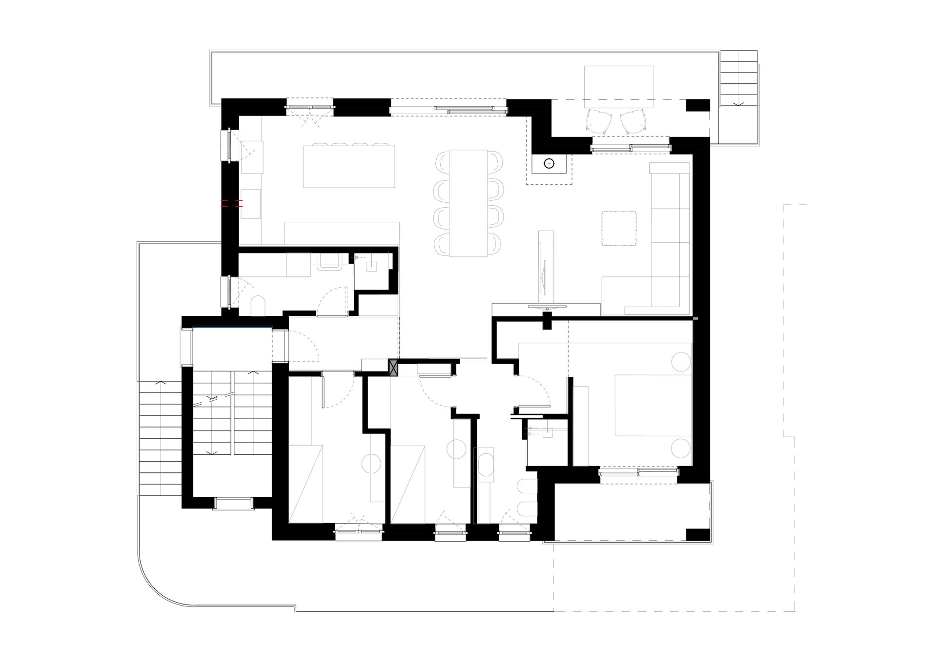 Interior design project, apartment renovation big living room, central column with paneling, large terrace. Officina Magisafi architecture design - floor plan