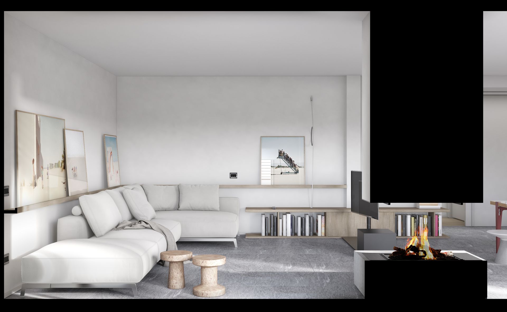 Interior design project, apartment renovation big living room, central column with paneling, large terrace. Officina Magisafi architecture design - living room