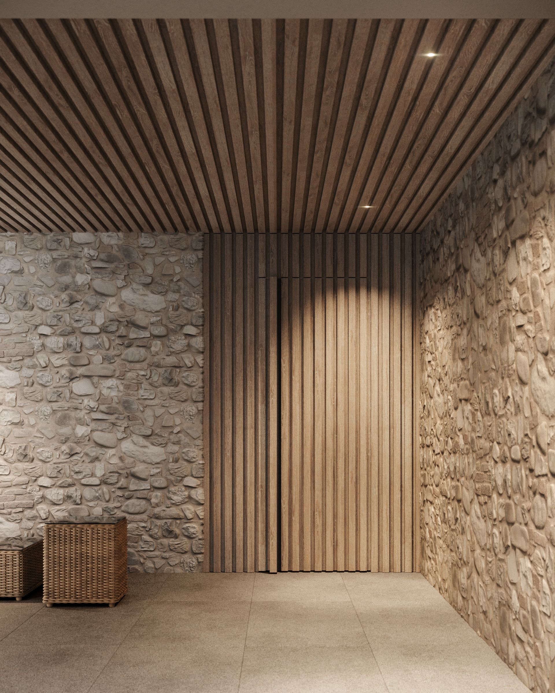 Exterior design project, redevelopment of existing building, wooden slat ceiling. Officina Magisafi architecture design - portico door rendering