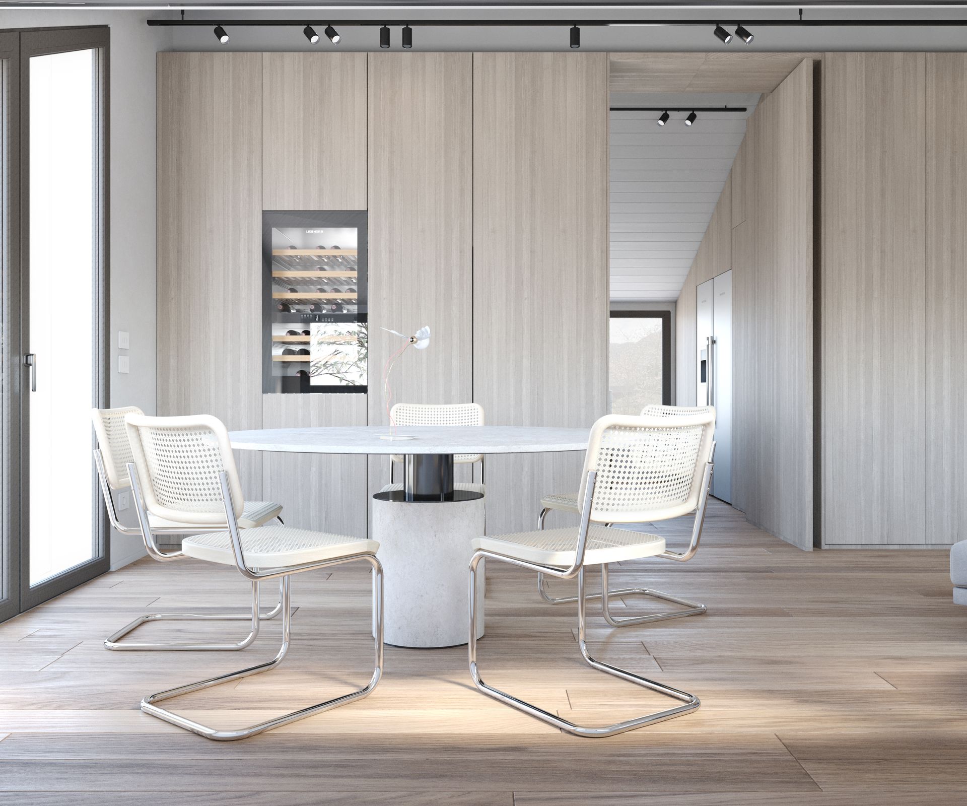 Spaces redistribution, interior design project, apartment renovation, custom-made furniture, boiserie, wood, matt laquered. Officina Magisafi architecture design - dining table rendering