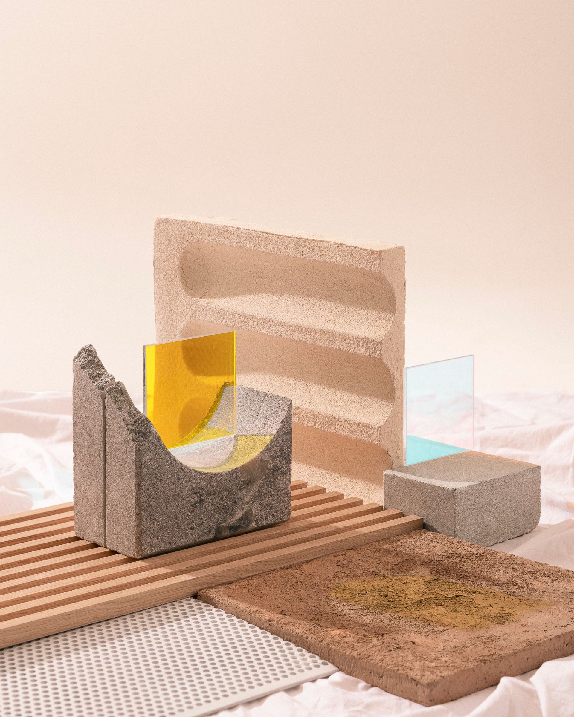 Still life photos materials composition concrete, marble, wood, laminate, glass, tiles, clay. Officina Magisafi architecture design - composition 7