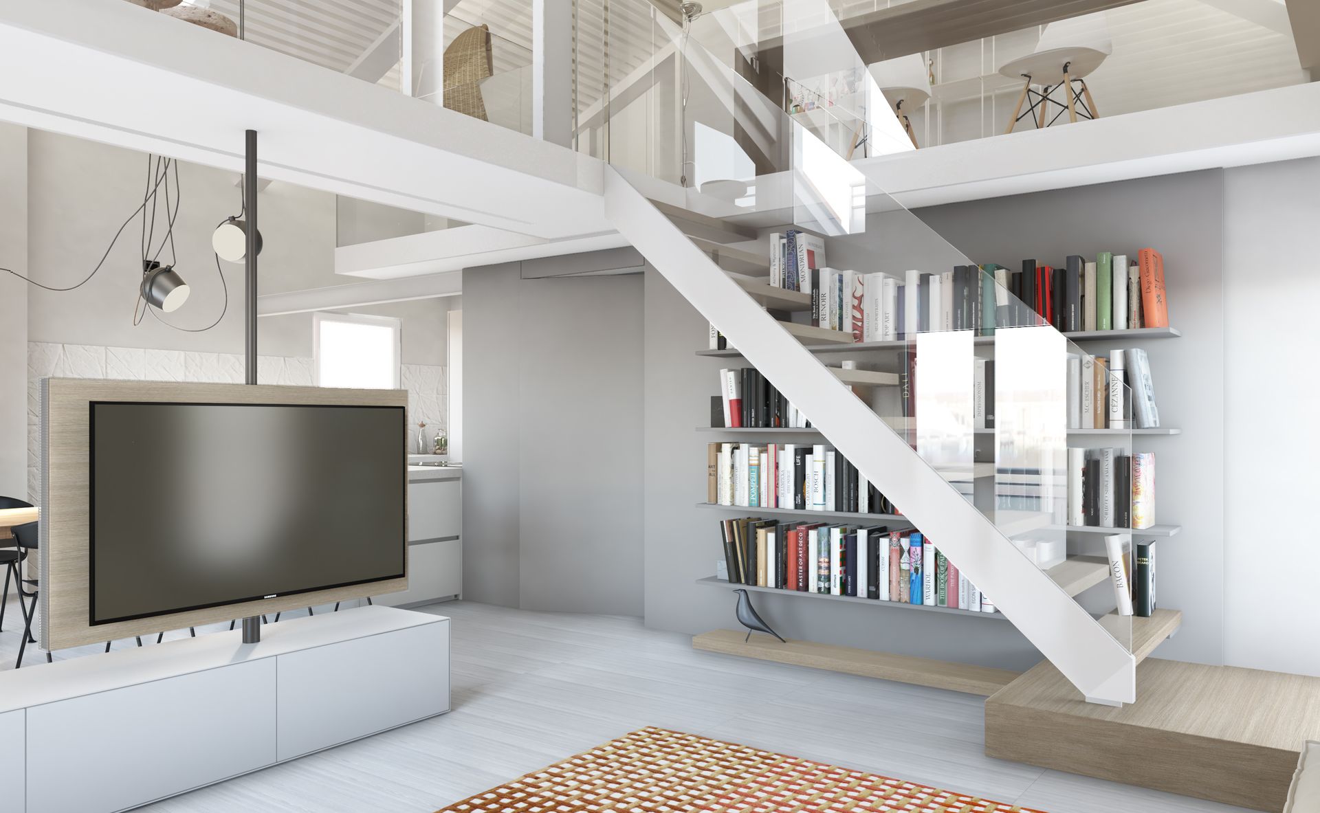 Interior design project, modern loft renovation Bergamo, Brescia, Milan, Lake Como, London, New York, Paris. Officina Magisafi architecture design - living room rendering