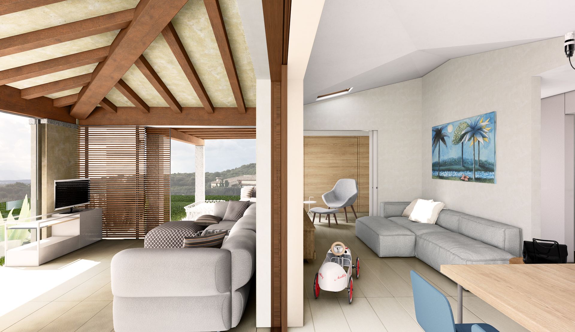 Progetto interior design, casa vacanze Golfo Aranci, Sardegna, vista isola della Tavolara. Officina Magisafi architettura design - living esterno interno