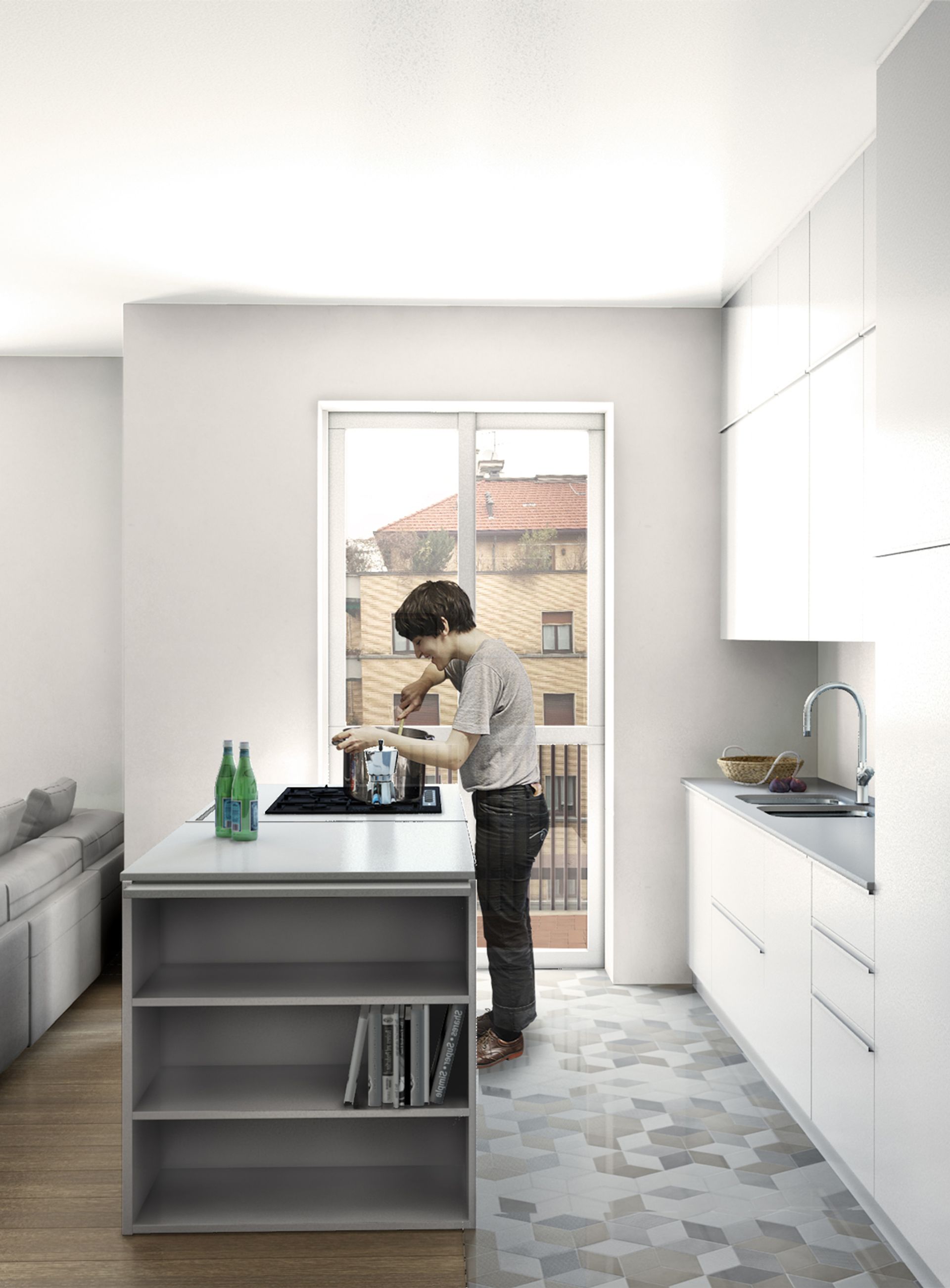 interior design project, apartment renovation in the center of Milan, Bergamo, Città Alta, London, New York, Paris, Lake Como, Gstaad. Officina Magisafi architecture design - kitchen rendering