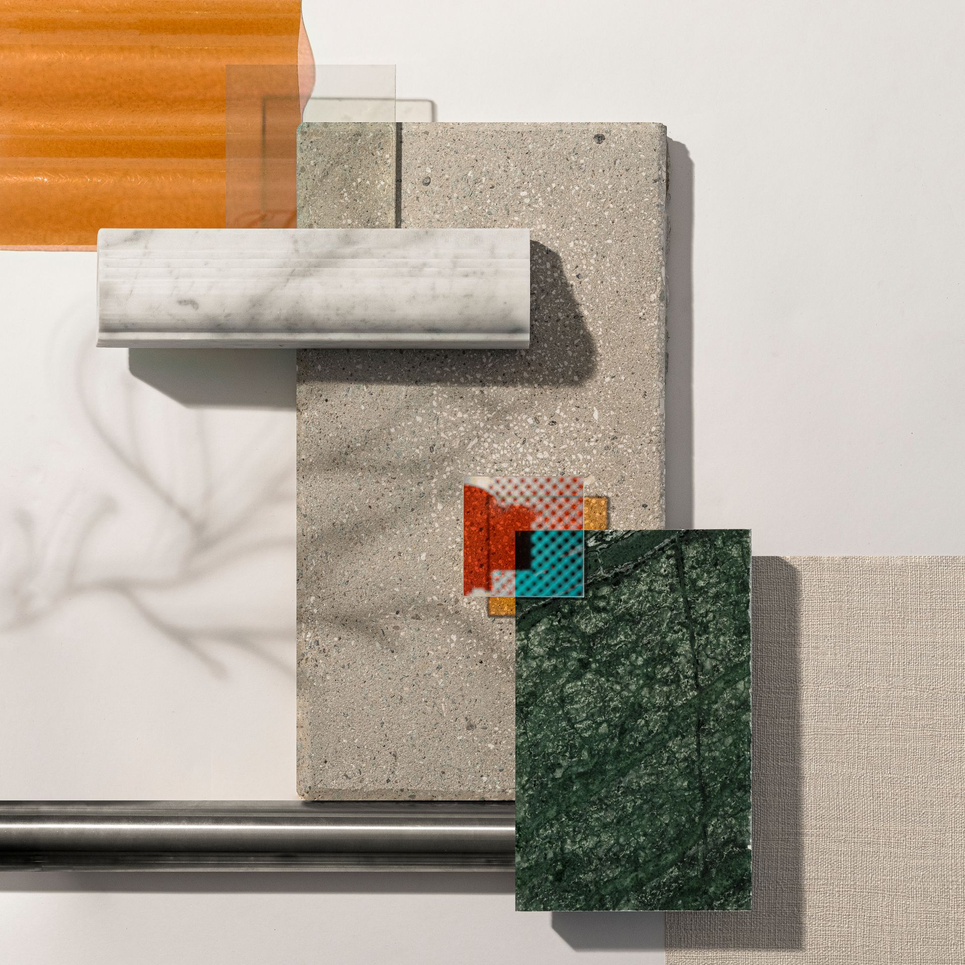 Still life photos materials composition concrete, marble, wood, laminate, glass, tiles, clay. Officina Magisafi architecture design - composition 5
