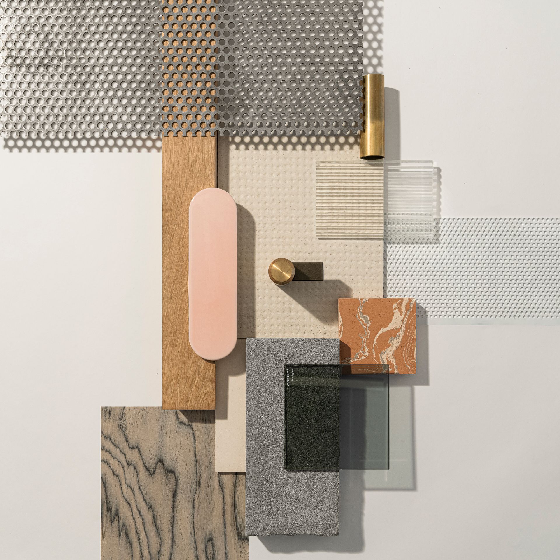 Still life photos materials composition concrete, marble, wood, laminate, glass, tiles, clay. Officina Magisafi architecture design - composition 4