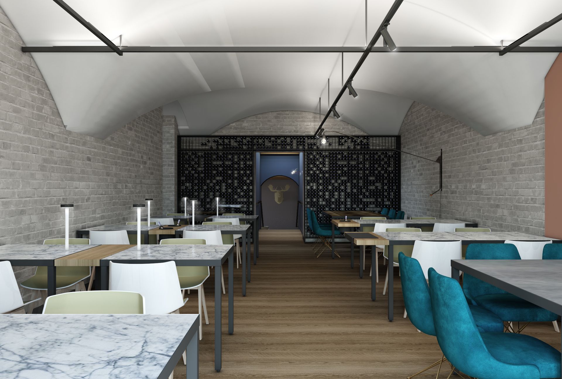 Interior design project, bistrot restaurant renovation with barrel vaults, exposed bricks and convivium table. Officina Magisafi architecture design - main room