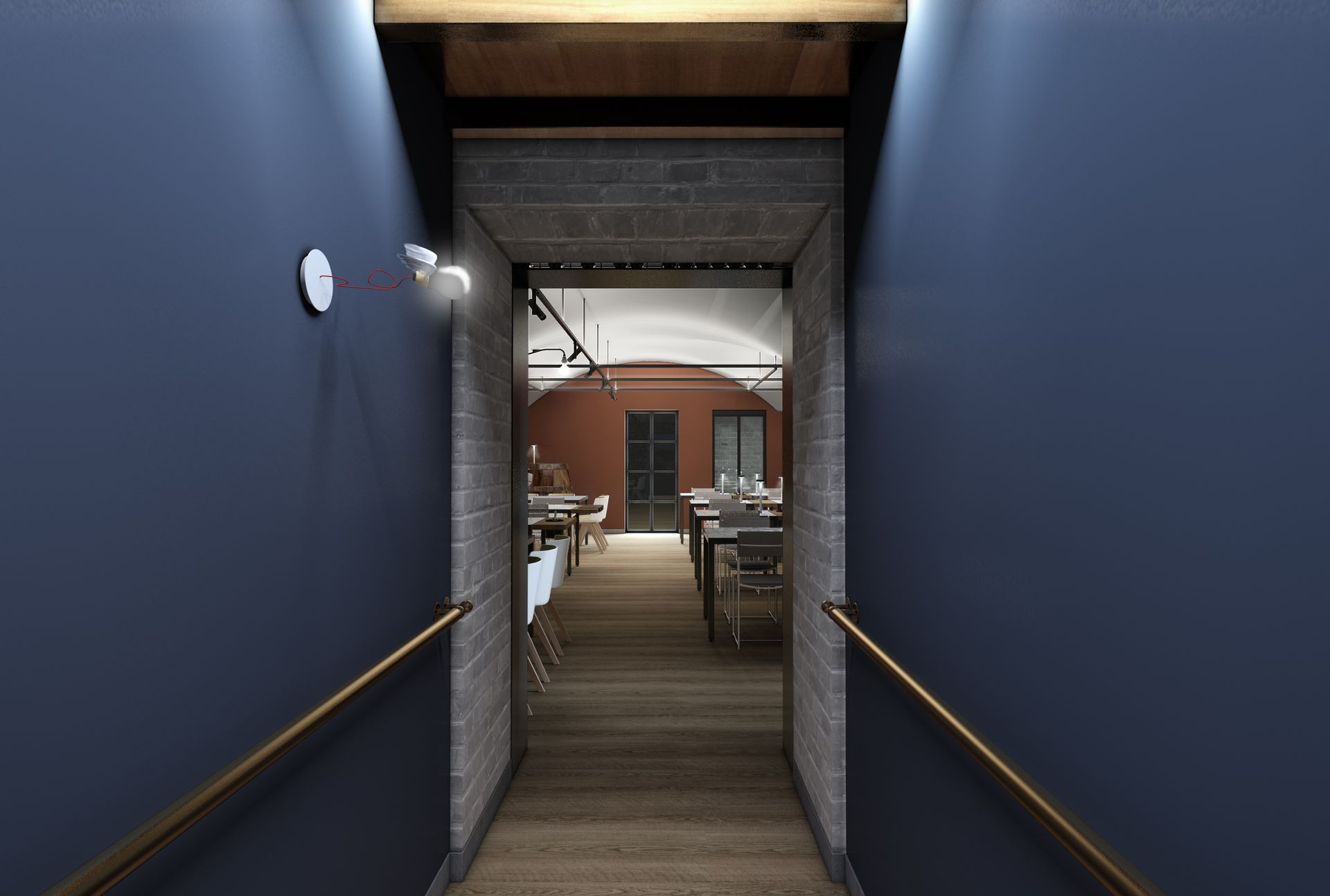 Interior design project, bistrot restaurant renovation with barrel vaults, exposed bricks and convivium table. Officina Magisafi architecture design - entrance