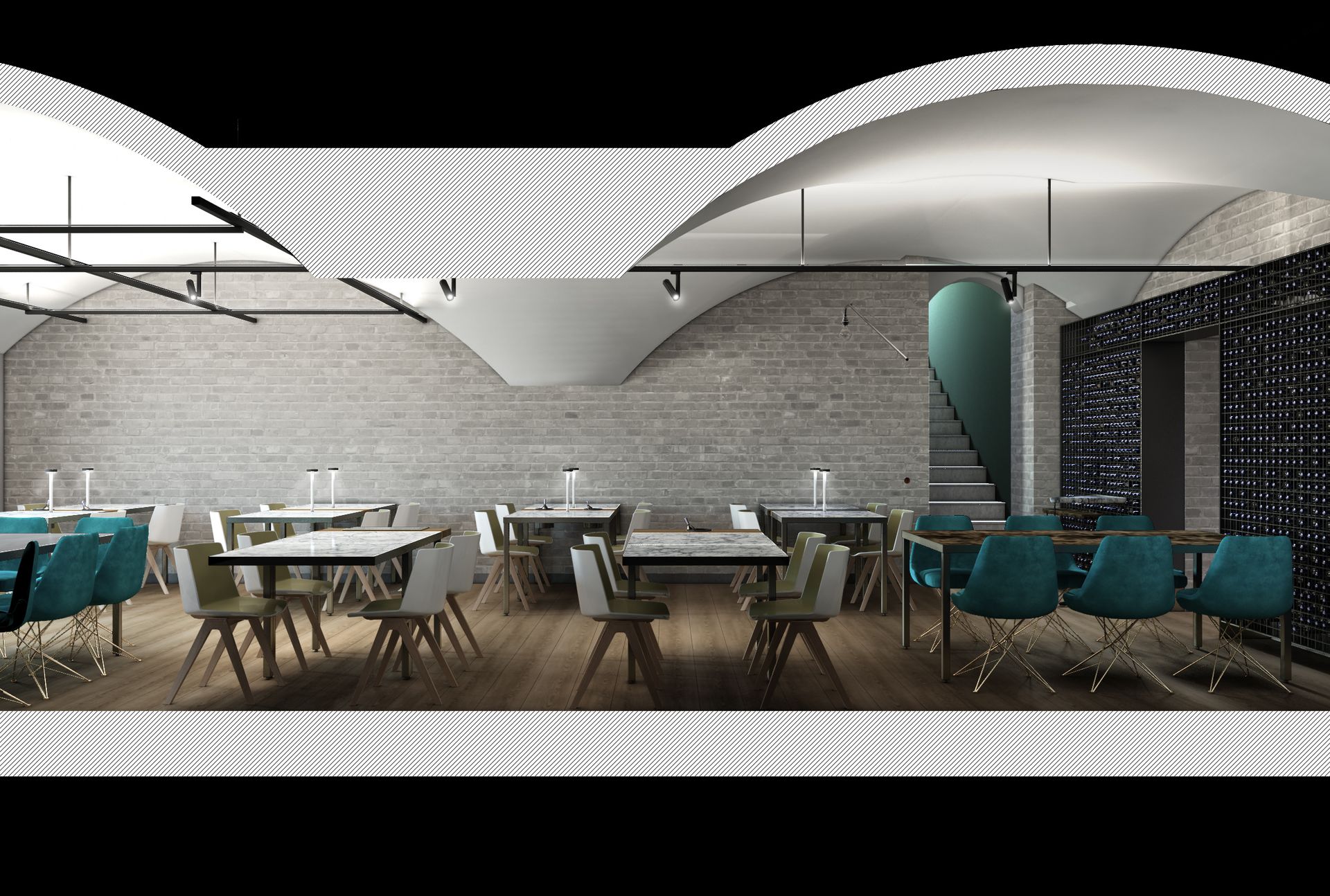 Interior design project, bistrot restaurant renovation with barrel vaults, exposed bricks and convivium table. Officina Magisafi architecture design - section